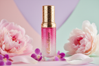 “Aesthetic beauty product photo of a luxury lip oil bottle labeled GlossBloom with a gold cap, gradient pink liquid, soft pastel background, water droplets and flower petals on the surface, premium skincare photography style.”
