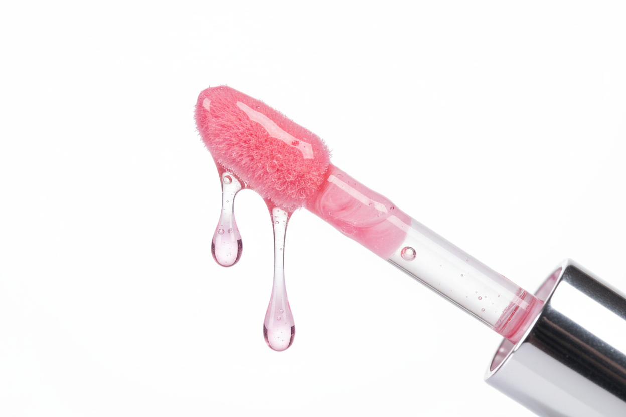 “Macro close-up of a lip oil applicator coated in glossy pink formula, dripping slightly, clean white background, high-resolution beauty product image.”